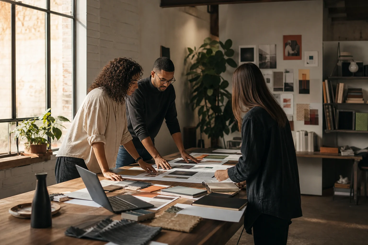 A creative team shaping ideas together around a studio table